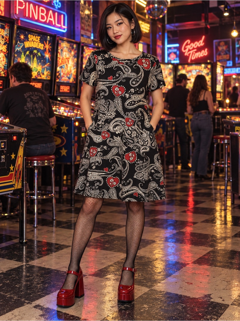 Short Sleeve Black Paisley Dress with Red hearts ❤️
